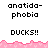 Pixelated text displays 'anatida-phobia' and 'DUCKS!!' above a pink wave pattern on white background, with gray area in bottom-right corner.