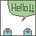 Pixel art comic showing a light blue cat with black eyes and orange paws, transitioning from hidden behind objects to peeking out with a speech bubble reading 'Hello!!'
