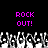 Pixelated text 'ROCK OUT!' in bright pink appears twice on a black background above a crowd of raised hands rendered in grayscale.