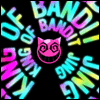 Four variations of a cartoon cat face with spiral eyes and wide grins, each in different colors against a black background with repeating text.