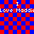 Pixelated red and blue checkered background with repeated text "I Love Maddi" in white, featuring a small dark crosshair-like shape.