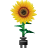 Pixelated sunflower icon with yellow petals, brown center, green stem, and dark base against gray background.