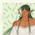 Pixelated figure with dark hair and orange skin wears white clothing against a light green background with faint leaf patterns.
