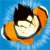 Pixelated character with dark hair and orange clothing against blue background, static image.