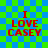 Red text "I LOVE CASEY" on a blue and green checkered background with pixelated edges.