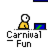 Animated contact sheet of a carnival-themed buddy icon showing sequential frames with stick figure character, fireworks, and game elements on gray background.