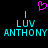 Pixelated cyan text 'LUV ANTHONY' appears twice on a black background with a pink heart symbol above the left instance.