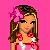 Pixelated icon of a woman with brown hair and pink flower, wearing red dress with white accents on bright pink background.