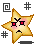 Pixelated star-shaped icon with angry expression, red eyes, and pink cheeks on gray background.