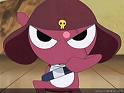 Static cartoon icon of a pinkish-red character with large white eyes, wearing a dark red helmet with a yellow skull emblem and holding a blue-and-white object.