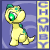 Animated contact sheet of a yellow cartoon dinosaur with green accents, displayed in seven frames showing subtle pose and expression changes against a purple background with vertical "CHOMBY" text.