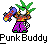 Pixel art buddy icon featuring a cartoon character with green spiky hair, colorful striped torso, purple pants, and a large blue-and-red weapon, displayed in two identical frames on a gray background with text elements.