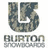 A split-screen icon with a pixelated 'B' logo, 'BURTON SNOWBOARDS' text, and two snowboards on the left; solid white 'B' on black background on the right.