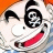Pixelated cartoon character face with exaggerated features next to stylized text on a black background.