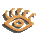 Six pixelated eye symbols arranged in two of three on a gray background, each with golden-yellow tones and subtle shadow effects
