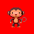 Pixelated monkey icon with brown fur, pink cheeks, and a checkered eye patch on red background.