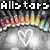 Pixelated image with 'Allstars' text, floral border, and two heart shapes on a gray background.
