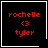Four identical black square with red pixelated text 'rochelle <3 tyler' and white borders, each has a distinct small symbol in the corner