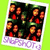 A polaroid-style image with a white border showing multiple people in red and green clothing against dark background, labeled "SNAPSHOT" at bottom.
