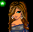 Pixel art animation of a female character in belly dance poses with green star effects and text elements on black background.
