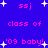 Blue background with pink text and white stars; 'ssj', 'class of', and ''09 baby!' repeated in a pattern