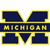 Two versions of a pixelated Michigan logo with blue M shapes and yellow text on dark blue bars, one larger above the other.