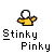 Pixelated character with white head and yellow shirt in multiple poses above "Stinky Pinky" text on gray background.