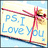 Pixelated image with blue text reading "PS. I Love You." on a light background, featuring a red ribbon tied in a bow and a small figure wearing a hat.