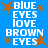 Blue background with white text reading "BLUE EYES LOVE BROWN EYES" and orange star shapes scattered across the image.