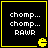 Four identical black square with yellow borders, each containing white text and a pixelated yellow Pac-Man icon in the bottom-right corner
