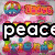 six pixelated images with text overlays and peace symbols, each with distinct color schemes and patterns