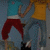 Two figures in a pixelated style, one wearing red pants and white shoes with arms raised against a blue background.