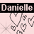 A static contact sheet of a buddy icon featuring the name "Danielle" in pixelated text above multiple heart shapes on a light pink background with gray transparency grid.
