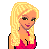 Pixelated image of a blonde woman in a red top and blue jeans with text overlays on pink and blue backgrounds.