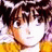 A 48x48 pixel buddy icon featuring a split composition with an anime-style character on the left and text elements on the right against a black background.