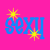 Pixel art contact sheet showing a blonde cartoon character in blue sparkly outfit with repeated text "sexy" and "blonde" on pink background, featuring multiple frames of the same character from different angles.