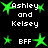 Green star-shaped icons with white text 'Ashley and Kelsey' or 'BFF' on a black background, some stars have motion blur effects.