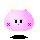 Pixelated pink blob with yellow bow-like ears, black oval eyes, and red X cheeks; two expressions shown on gray background.