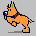 Pixelated orange creature with black outline, blue-purple eye patch, and multicolored collar on gray background.