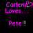 Pixelated pink text on black background reads 'Carmen' with a heart symbol replacing the 'n', 'Loves...', and 'Pete!!!' across two side-by-side