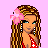 Pixel art contact sheet showing four frames of an animated icon featuring a cartoon woman with long braided hair, pink flower accessory, red top, and blue jeans against a solid light purple background.