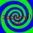 Four identical spiral patterns with alternating blue and green rings, each containing red text reading "Zachary!! XD" in a pixelated font.