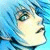 Pixelated close-up of a character's face with light skin, dark eyes, and blue hair against a blue background.