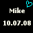 Pixelated text displays 'Mike' and '10.07.08' with a cyan heart symbol above the left 'Mike' on a black background.