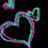 A black background displays a large heart outline with rainbow gradient colors and smaller hearts, alongside cyan text reading 'there's a million people' and green text stating 'But I only see him.'