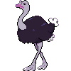 Pixel art ostrich with purple body, pink beak and legs, white wing tufts, standing against gray background.