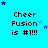 Pixelated text 'Cheer Fusion is #1!!!' repeated across a bright cyan background with scattered blue and light blue stars.