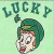 Animated icon shows a cartoon character with green helmet and red hair, head turning left to right under 'LUCKY' text on light green background.