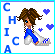 Pixel art buddy icon featuring a cartoon girl with brown hair, blue eyes, and a blue outfit standing next to vertical text "CHICCA" on a white background with blue hearts.