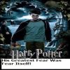 A static image shows a person in a teal shirt and dark jacket standing against a blue-toned background with text reading "Harry Potter" and "His Greatest Fear Was Fear Itself".